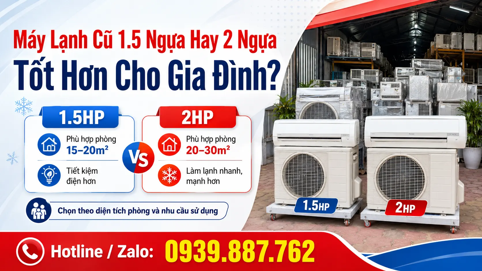 Máy lạnh cũ 1.5 ngựa và 2 ngựa cho gia đình tại kho VĐT TPHCM