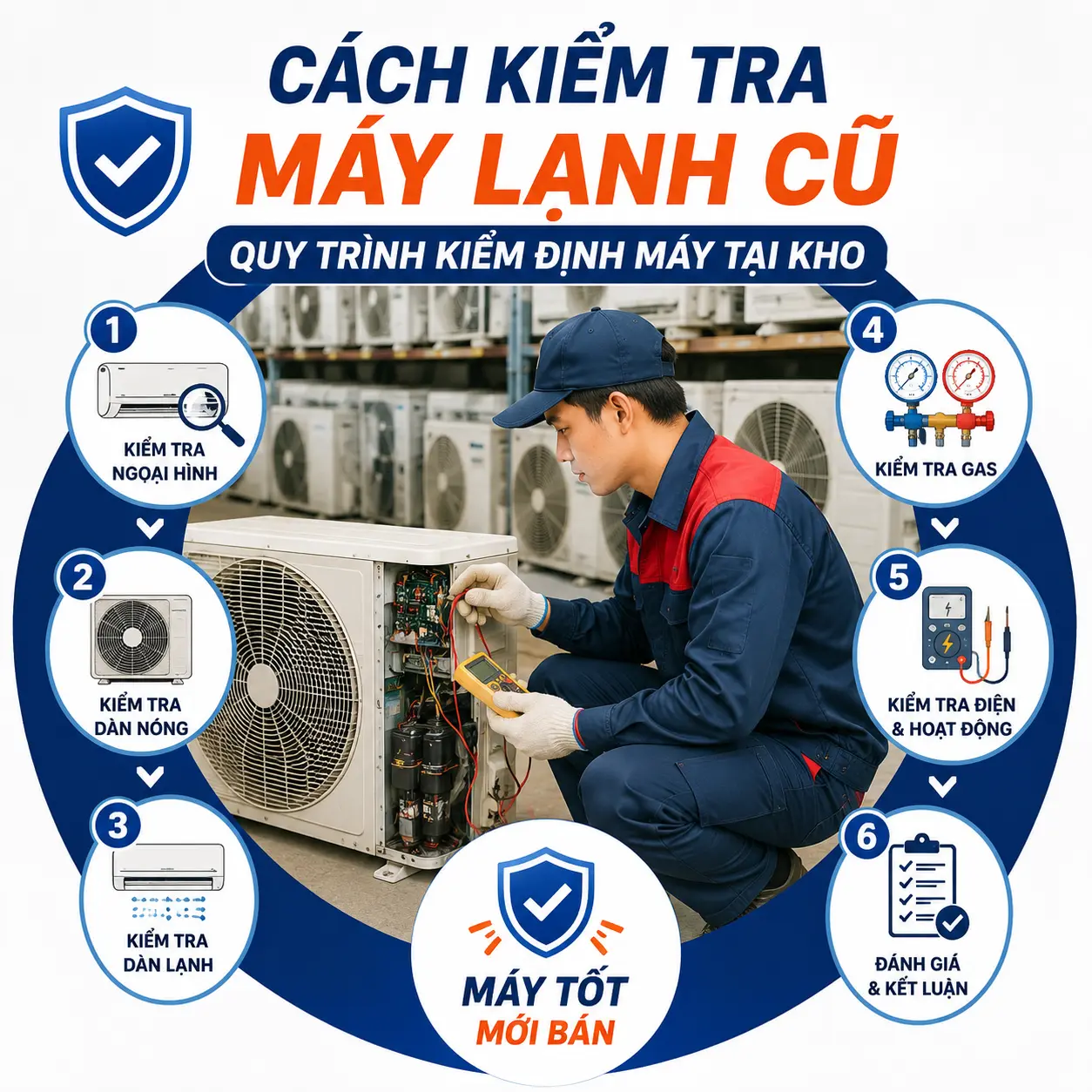 Cách kiểm tra máy lạnh cũ: quy trình kiểm định máy tại kho Cách kiểm tra máy lạnh cũ: quy trình kiểm định máy tại kho
