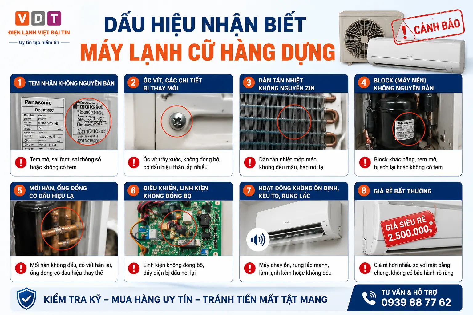 Máy lạnh cũ hàng dựng: các bộ phận block, bo mạch, tem hay bị làm giả Máy lạnh cũ hàng dựng: các bộ phận block, bo mạch, tem hay bị làm giả