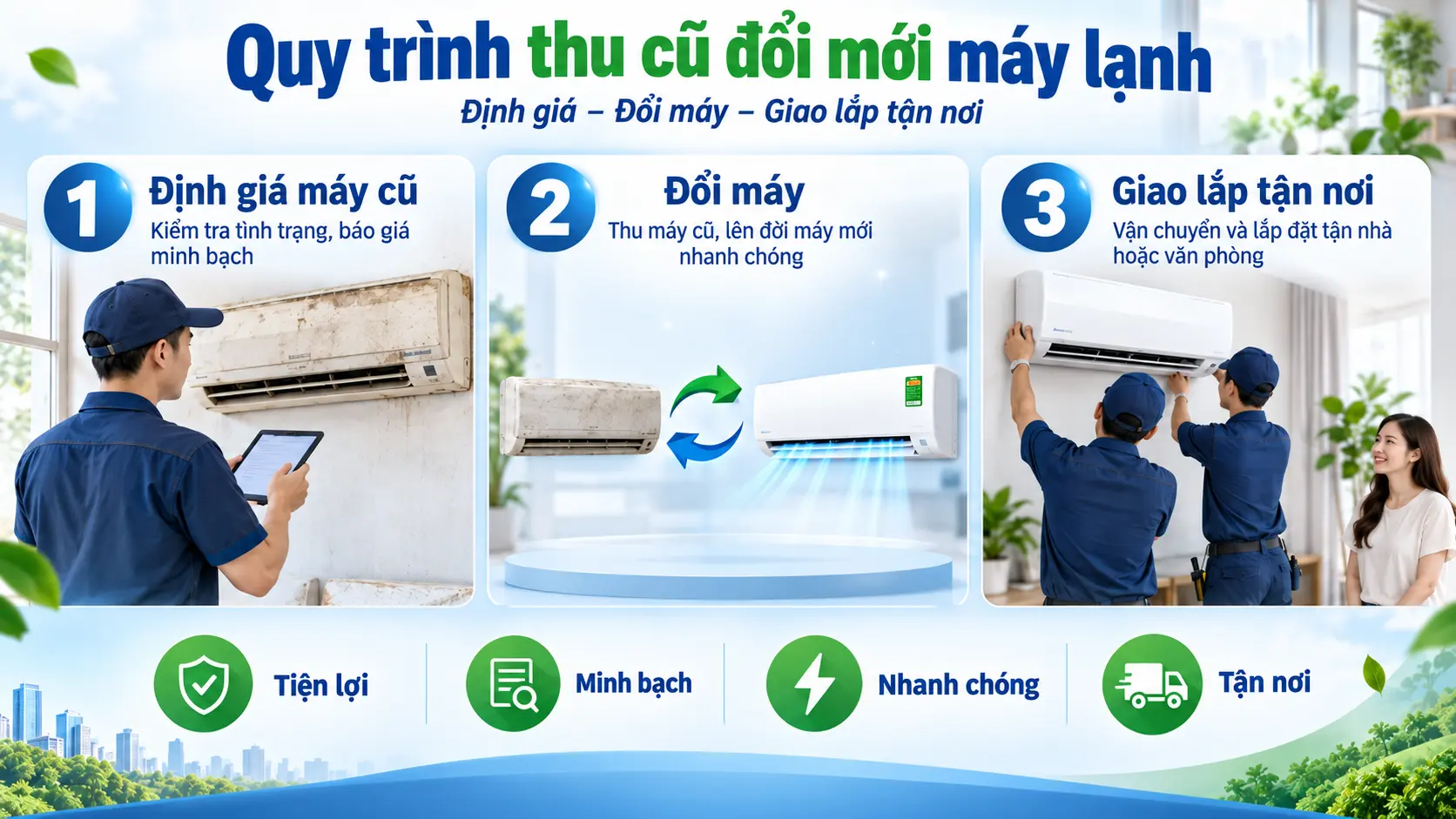 Quy trình thu cũ đổi mới máy lạnh: định giá, đổi máy, giao lắp tận nơi